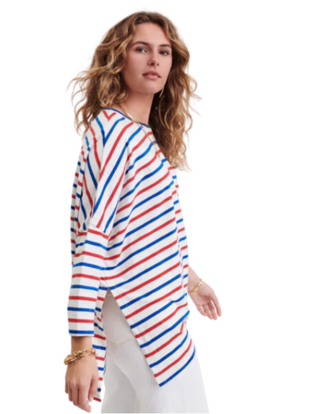Relaxed Striped Boatneck Tunic in White with Red & Blue Stripes